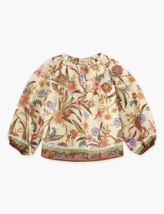 Indra barntröja med kontrastkant i kräm- och khakifärgat blommönster online