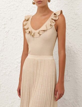 Indra Metallic Frill Top Cream Metallic Online