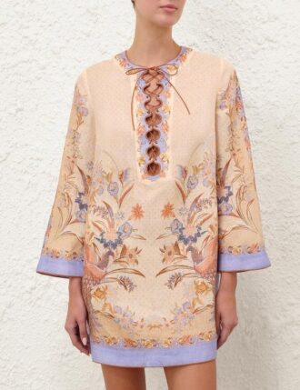Indra tunika-miniklänning i biscuitfärg med blommönster online