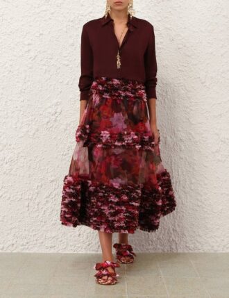 Luna Ruffle Midi-kjol i Chocolate Rose online